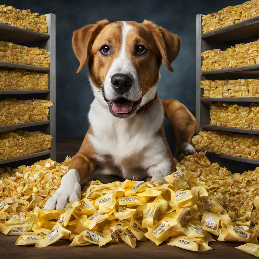 An image capturing a mischievous dog with a guilty expression, standing amidst scattered butter wrappers, while a comically exaggerated stomach bulge suggests the consequences of its indulgence