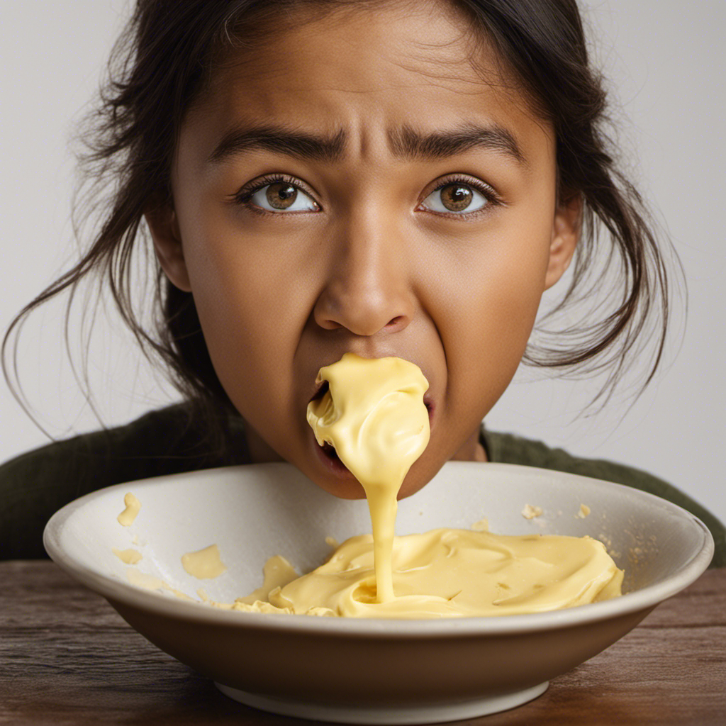 An image depicting a person's startled expression as they take a bite out of a stick of butter, with a melted pool forming around their mouth, buttery fingerprints left on their face, and a crumpled wrapper in their hand