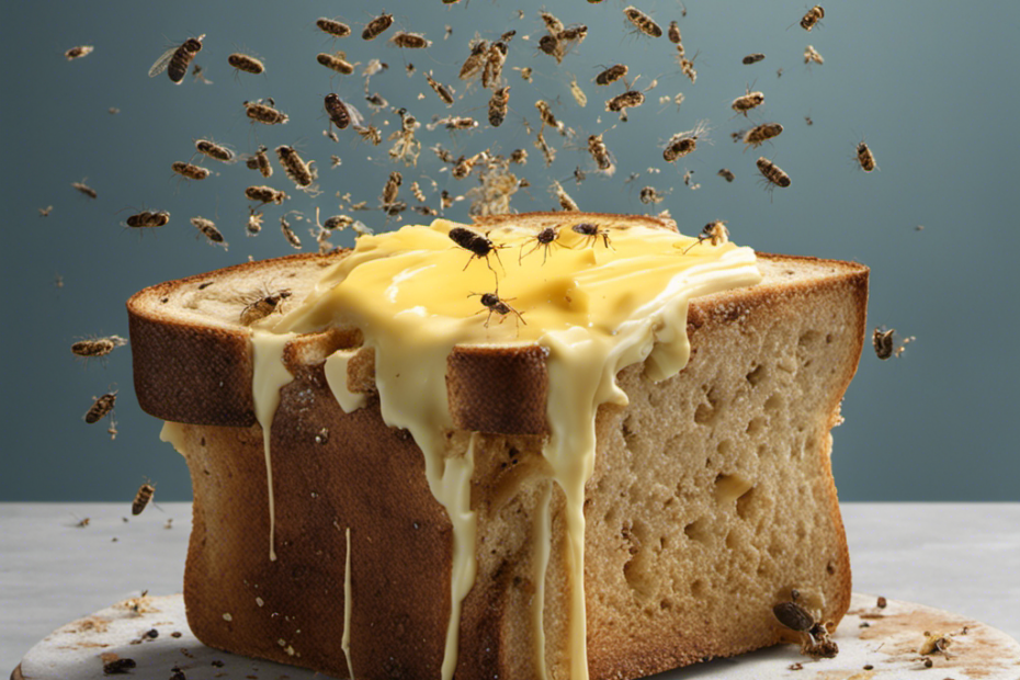 An image showcasing a piece of toast topped with expired butter, visibly discolored and covered in mold, surrounded by flies buzzing around