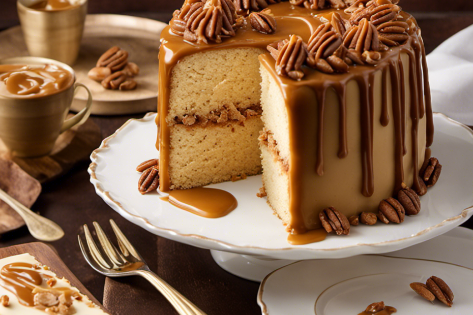 An image showcasing a luscious slice of butter pecan cake topped with a velvety caramel frosting
