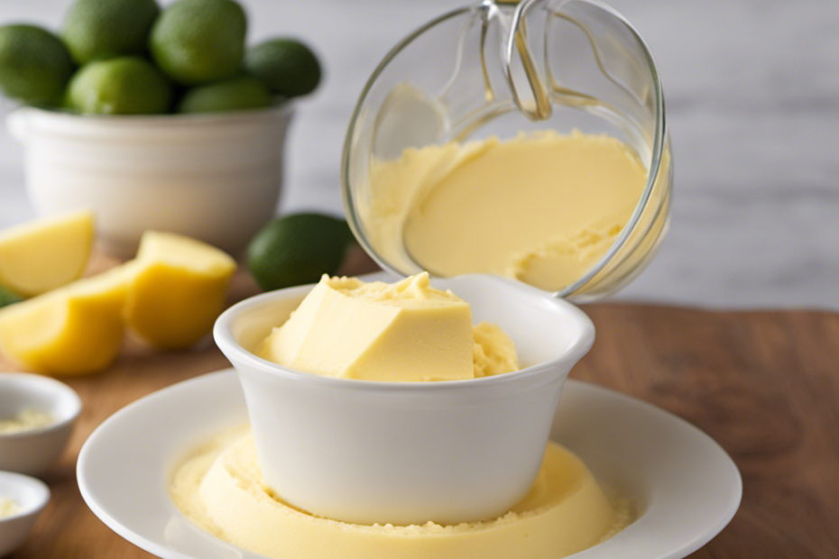 An image showcasing a clear measuring cup filled precisely to the 1/2 cup mark with soft, creamy butter