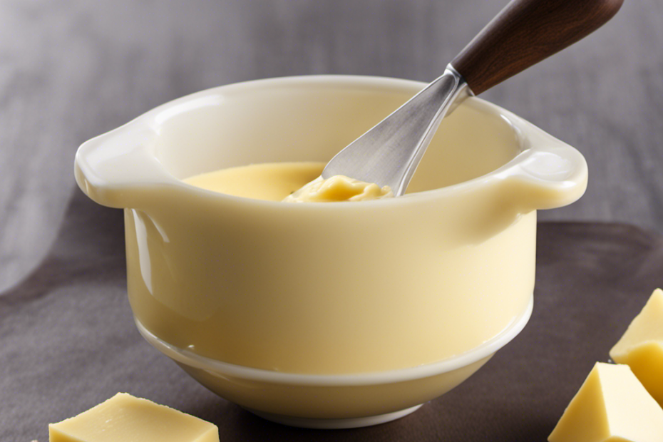 An image showcasing a measuring cup filled precisely with 1/3 cup of creamy, yellow butter