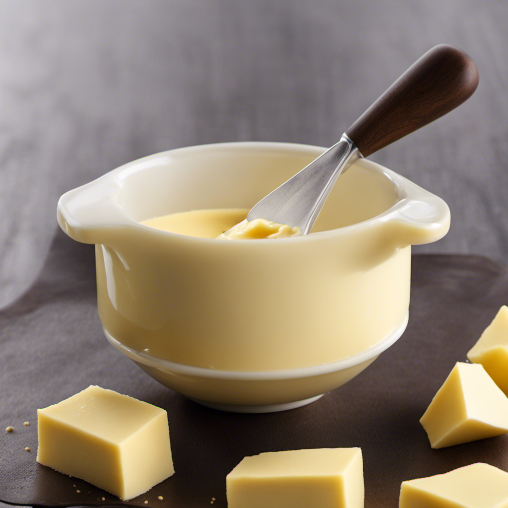 An image showcasing a measuring cup filled precisely with 1/3 cup of creamy, yellow butter