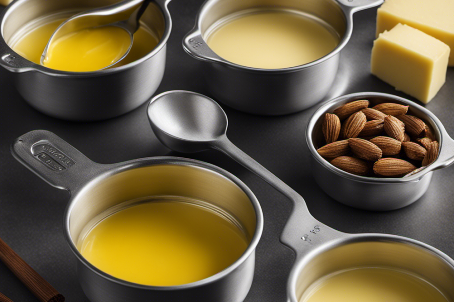 An image showcasing a measuring cup filled with exactly 1/3 cup of melted butter, alongside three butter sticks precisely divided in equal lengths, each representing 1/3 cup measurements