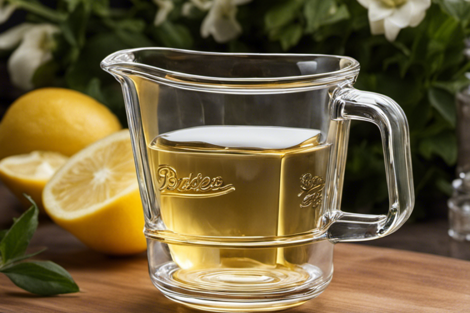 An image showcasing a vintage glass measuring cup filled to the brim with creamy, golden butter, perfectly molded into a solid block, reflecting a soft glow under natural lighting