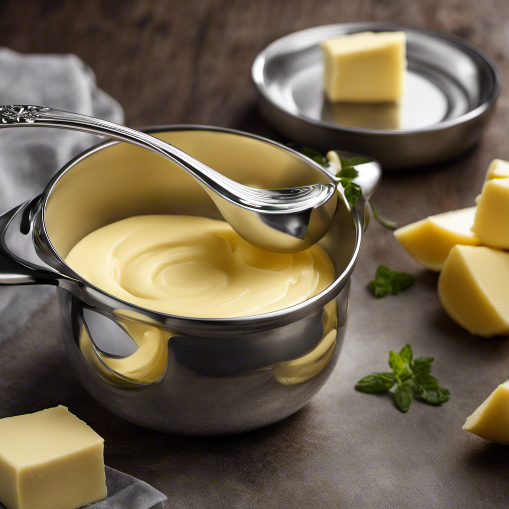 An image of a silver measuring cup filled with exactly 3/4 cup of creamy, yellow butter
