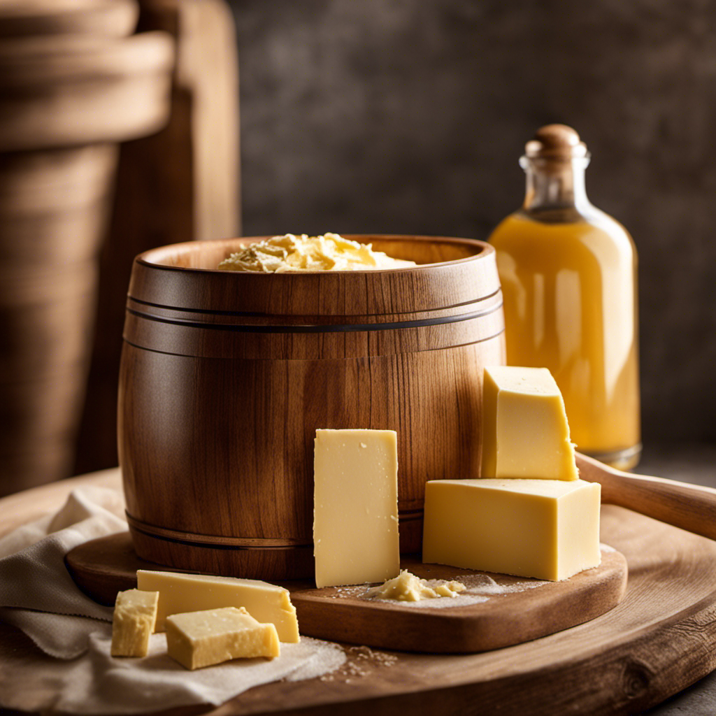 An image showcasing the delicate artistry of an artisanal butter maker: hands gently churning creamy butter in a wooden barrel, golden sunlight casting soft shadows, and wisps of butter floating in the air