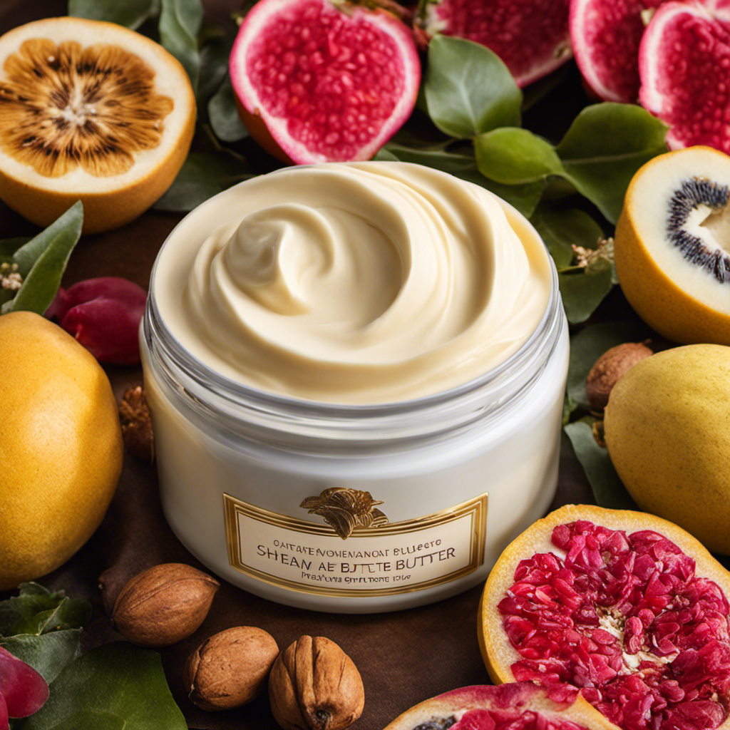 An image showcasing a luscious, creamy body butter jar surrounded by vibrant, exotic fruits, freshly picked flowers, and velvety shea nuts, evoking the indulgent, nourishing essence of body butter