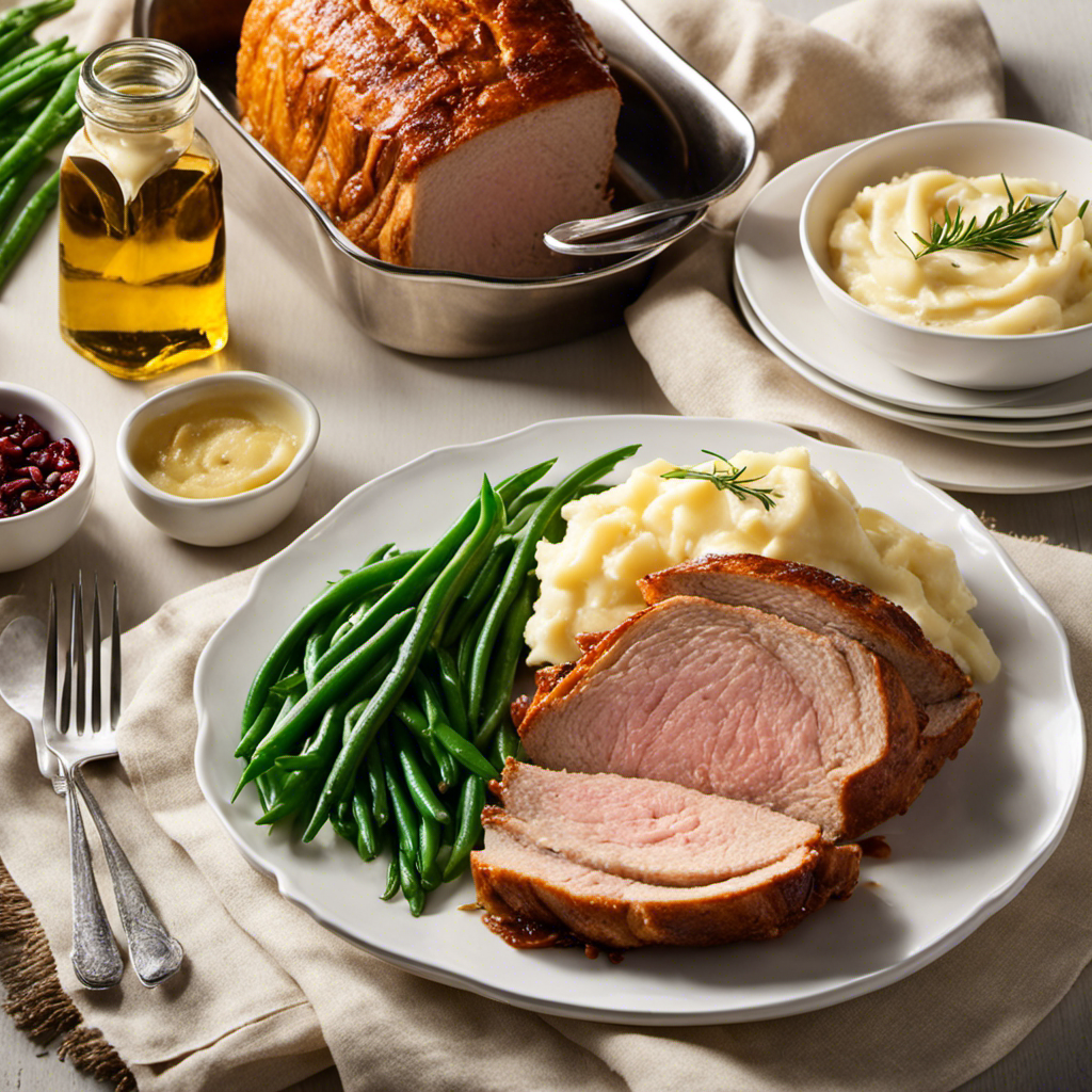 An image capturing the essence of a Bread and Butter Roast: a succulent, golden-brown pork roast, tantalizingly crispy on the outside, tender and juicy within, served with a side of creamy mashed potatoes and vibrant green beans