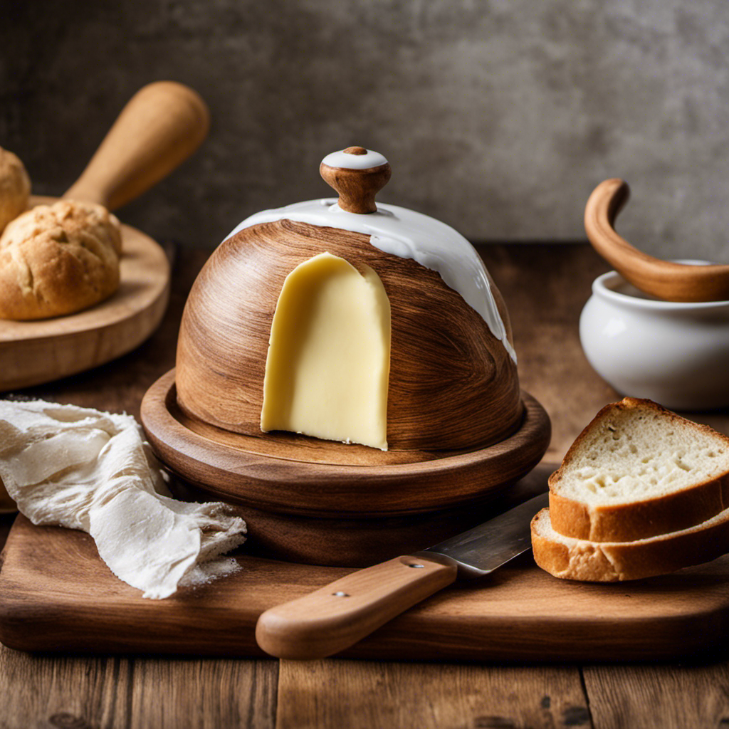 An image showcasing a charming, rustic kitchen scene with a beautifully designed Butter Bell Dish placed on a wooden countertop, filled with creamy butter and surrounded by freshly baked bread and a delicate butter knife
