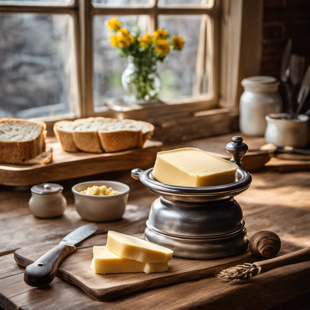 An image showcasing a rustic kitchen countertop with a gleaming ceramic Butter Bell, filled with creamy butter, surrounded by fresh bread slices, a vintage knife, and a backdrop of a sunny window