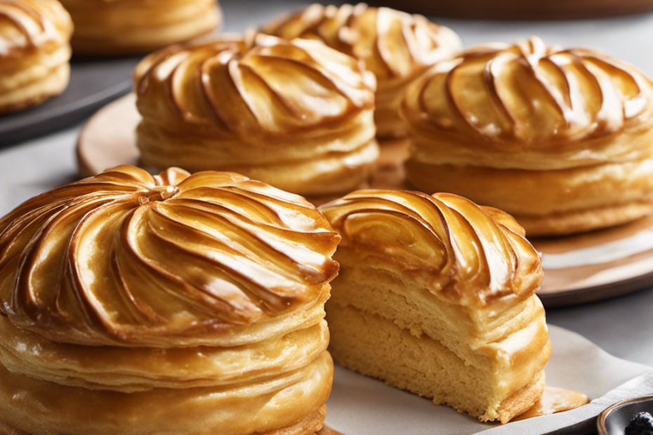 An image showcasing a golden, flaky pastry adorned with a luscious, glossy glaze