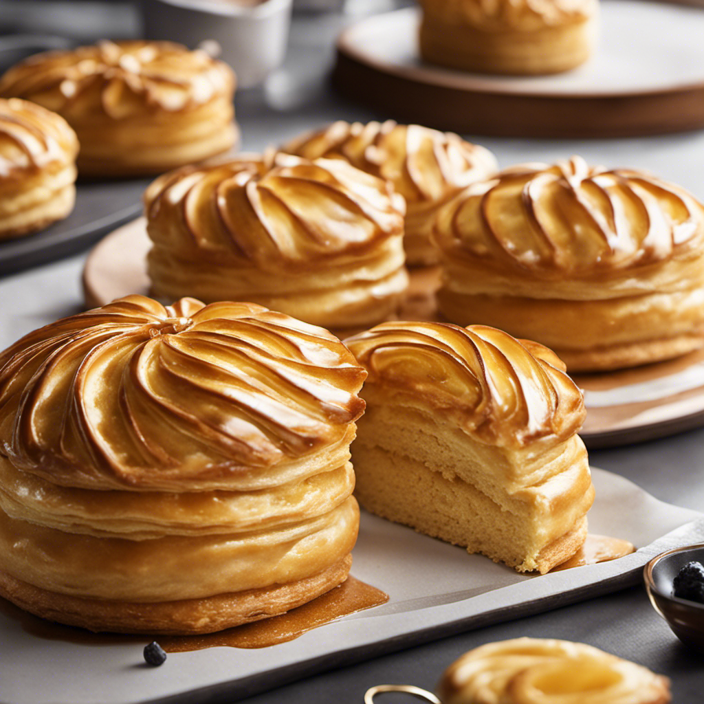 An image showcasing a golden, flaky pastry adorned with a luscious, glossy glaze