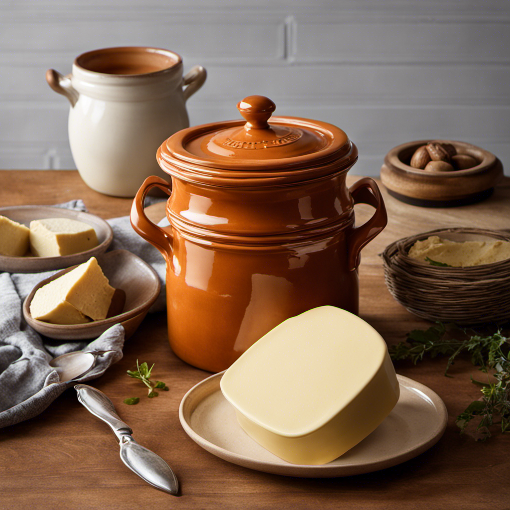 An image showcasing a traditional butter crock, capturing its earthy terracotta exterior, a snug-fitting lid, and a creamy yellow pat of butter resting inside, perfectly preserved and ready to spread