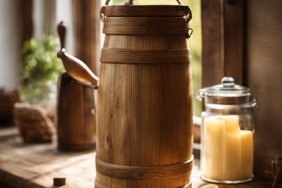 An image showcasing a traditional wooden churn, brimming with creamy white butter