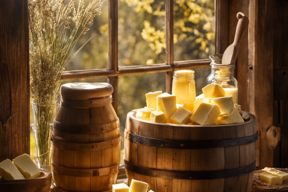 An image showcasing the intricate process of butter making: a skilled artisan churning fresh cream in a wooden churn, with creamy butter forming and separating from the buttermilk, while golden sunlight filters through a rustic farmhouse window