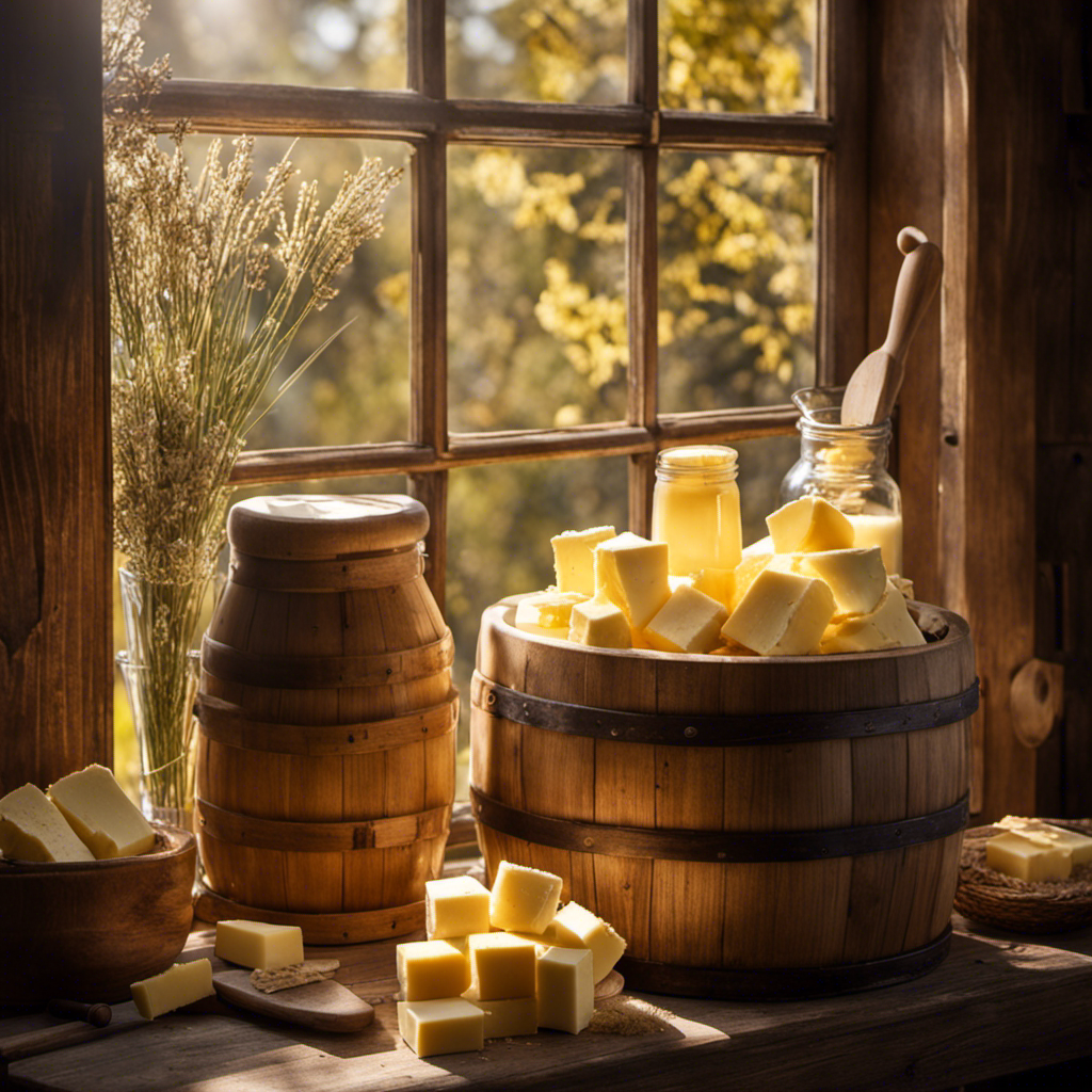 An image showcasing the intricate process of butter making: a skilled artisan churning fresh cream in a wooden churn, with creamy butter forming and separating from the buttermilk, while golden sunlight filters through a rustic farmhouse window