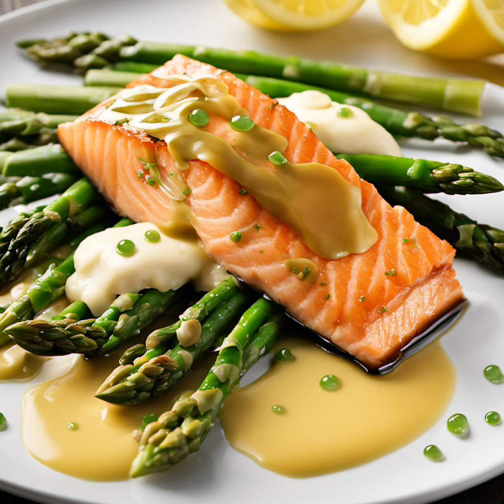 An image featuring a luscious, golden butter sauce gracefully cascading over a perfectly cooked piece of salmon, surrounded by vibrant green asparagus spears, with delicate droplets of sauce glistening in the light