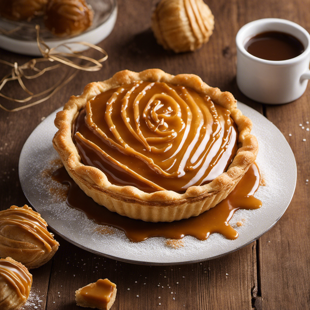 An image showcasing a golden-brown, flaky pastry shell, delicately filled with a smooth, gooey caramel filling