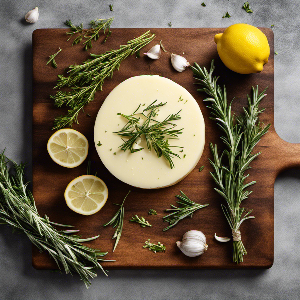 An image showcasing a wooden cutting board with a pat of creamy butter blended with fresh herbs, garlic, and lemon zest, surrounded by scattered sprigs of rosemary and thyme
