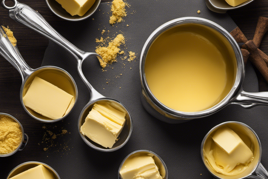 An image showcasing a stick of creamy, golden butter unwrapped and placed in a measuring cup alongside a collection of empty measuring cups, highlighting the process of measuring a cup of butter