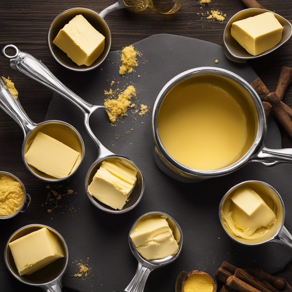 An image showcasing a stick of creamy, golden butter unwrapped and placed in a measuring cup alongside a collection of empty measuring cups, highlighting the process of measuring a cup of butter