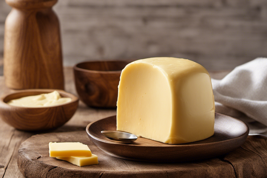 An image showcasing a creamy, golden knob of butter sitting atop a rustic wooden surface