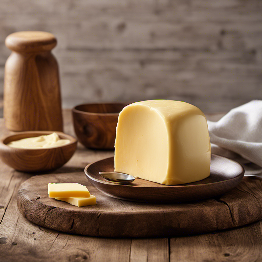 An image showcasing a creamy, golden knob of butter sitting atop a rustic wooden surface