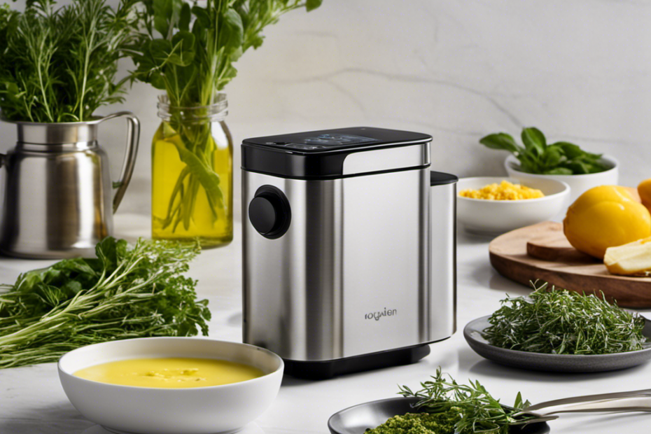 An image showcasing a sleek, modern kitchen countertop adorned with a compact, stainless steel Magical Butter Maker
