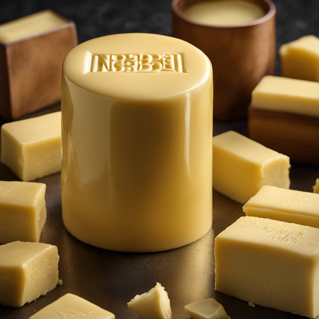 An image showing a close-up view of a small, cylindrical knob of butter, perfectly formed with a smooth texture