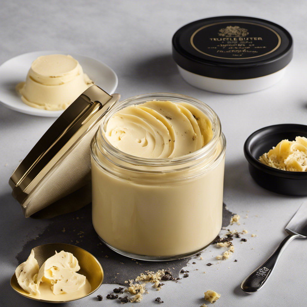 An image capturing the essence of truffle butter: a luxurious swirl of golden butter infused with fragrant, black truffle shavings