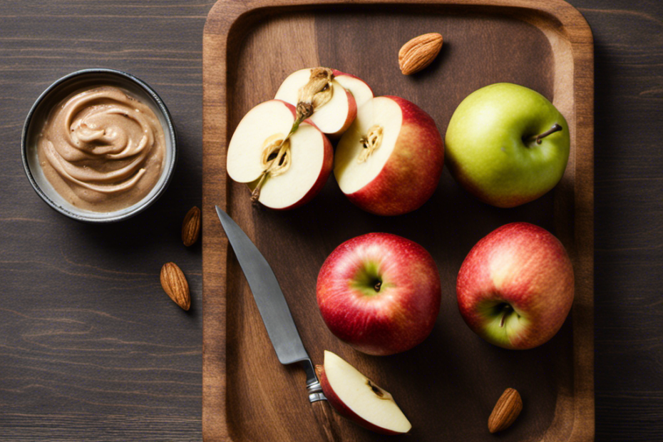 An image showcasing a rustic wooden cutting board with a freshly sliced apple, accompanied by a small dollop of creamy almond butter