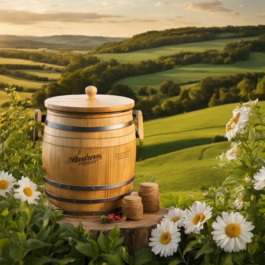 An image showcasing a wooden churn, surrounded by a serene countryside backdrop