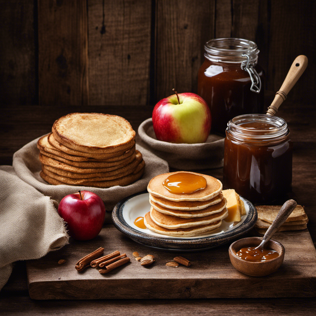 An image showcasing a rustic wooden table adorned with a jar of homemade apple butter, accompanied by warm slices of freshly baked bread, a stack of fluffy pancakes, a dollop on a steaming bowl of oatmeal, and a spoonful on a crisp slice of cheddar cheese
