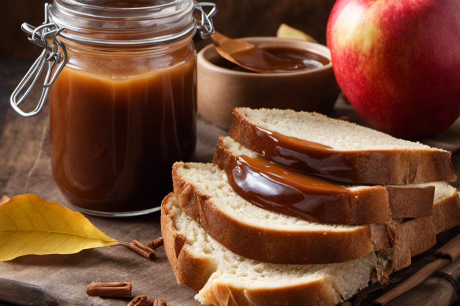 An image showcasing a slice of freshly baked bread, generously slathered with velvety apple butter