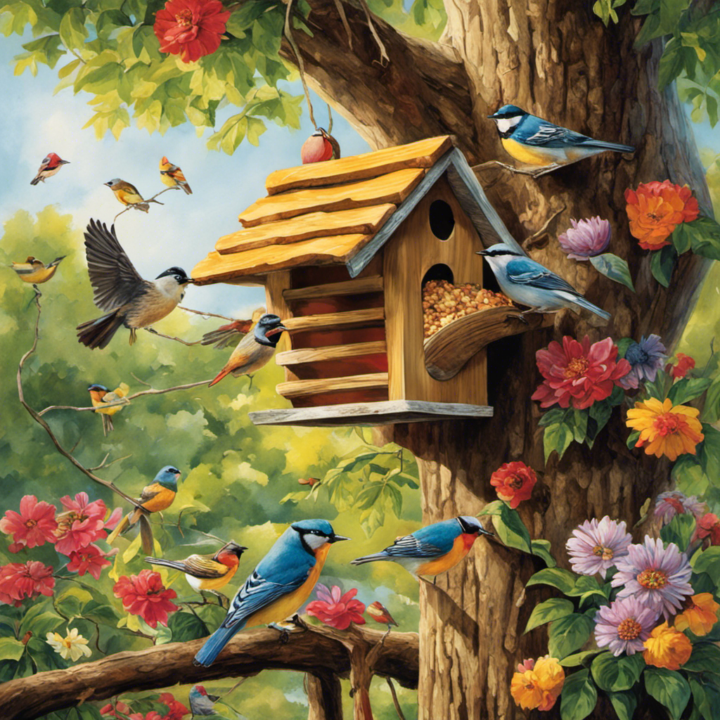 An image showcasing a vibrant, sunlit backyard scene, with a wooden bird feeder hanging from a tree branch, adorned with various birds happily feasting on a delectable spread of Bark Butter