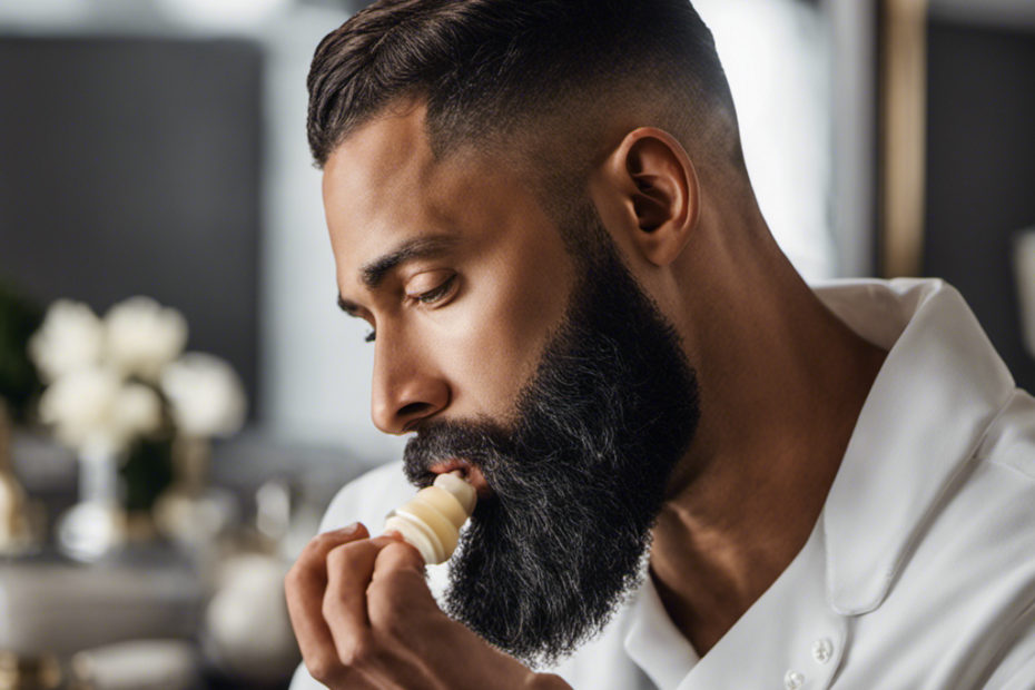 An image that showcases a man's hand gently applying a dollop of luxurious and creamy beard butter onto his well-groomed beard, leaving it looking nourished, shiny, and impeccably styled