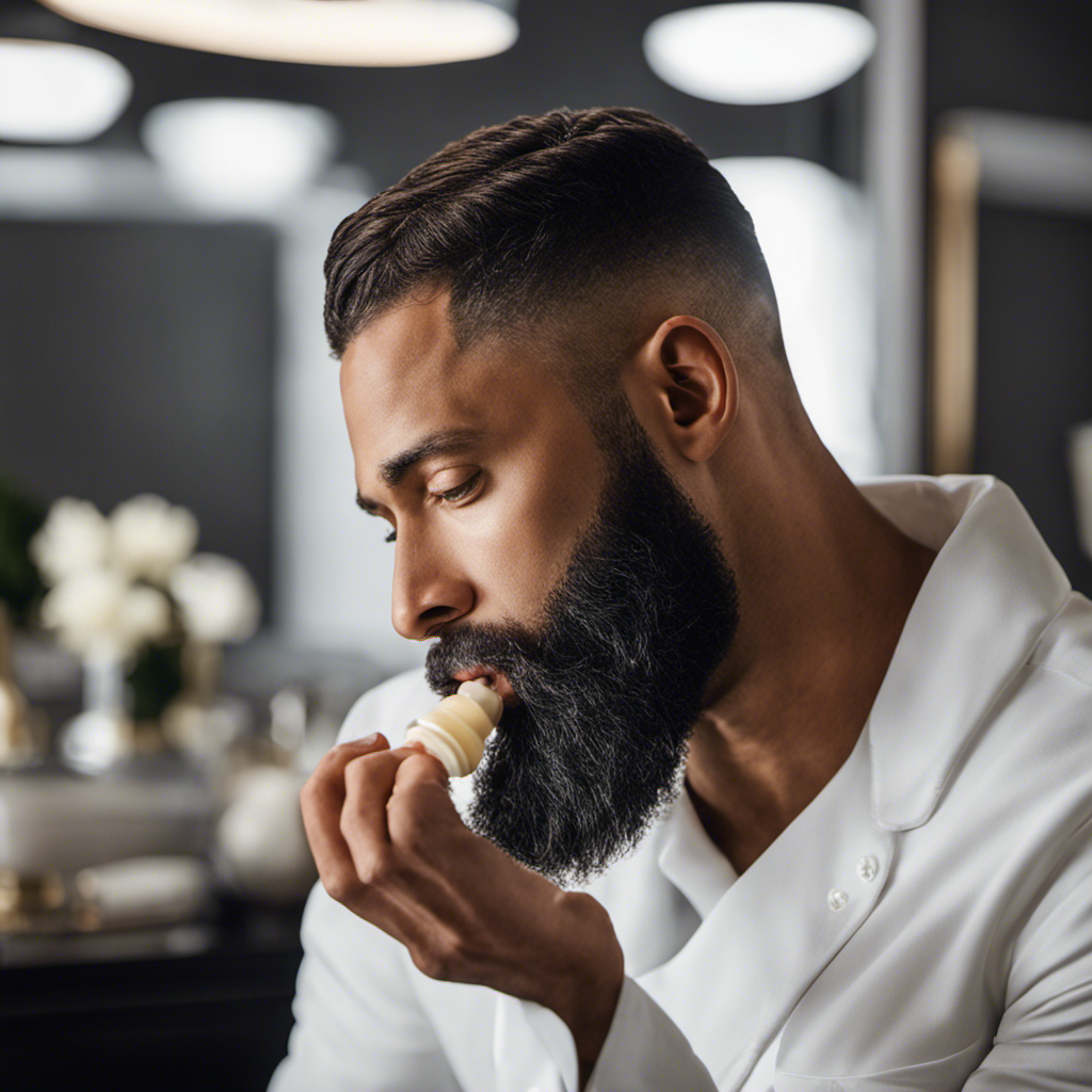 An image that showcases a man's hand gently applying a dollop of luxurious and creamy beard butter onto his well-groomed beard, leaving it looking nourished, shiny, and impeccably styled