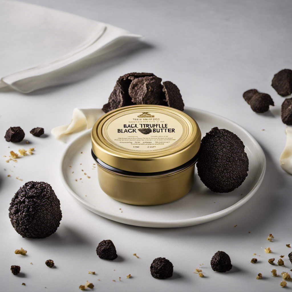 An image capturing the richness of black truffle butter; a velvety, ebony spread adorned with delicate black truffle shavings, exuding an enticing aroma that encapsulates indulgence and sophistication