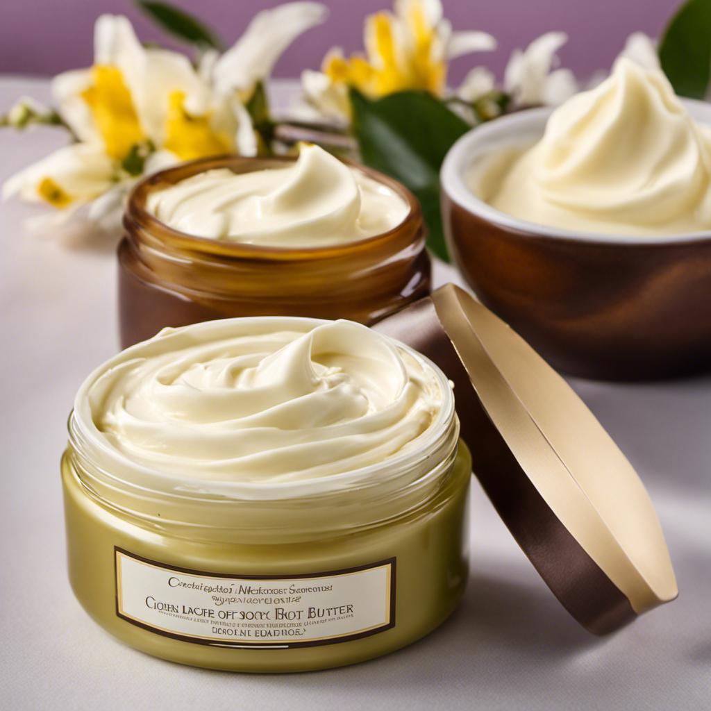 An image showcasing a pair of soft hands gently massaging a dollop of luxurious body butter onto smooth, moisturized skin