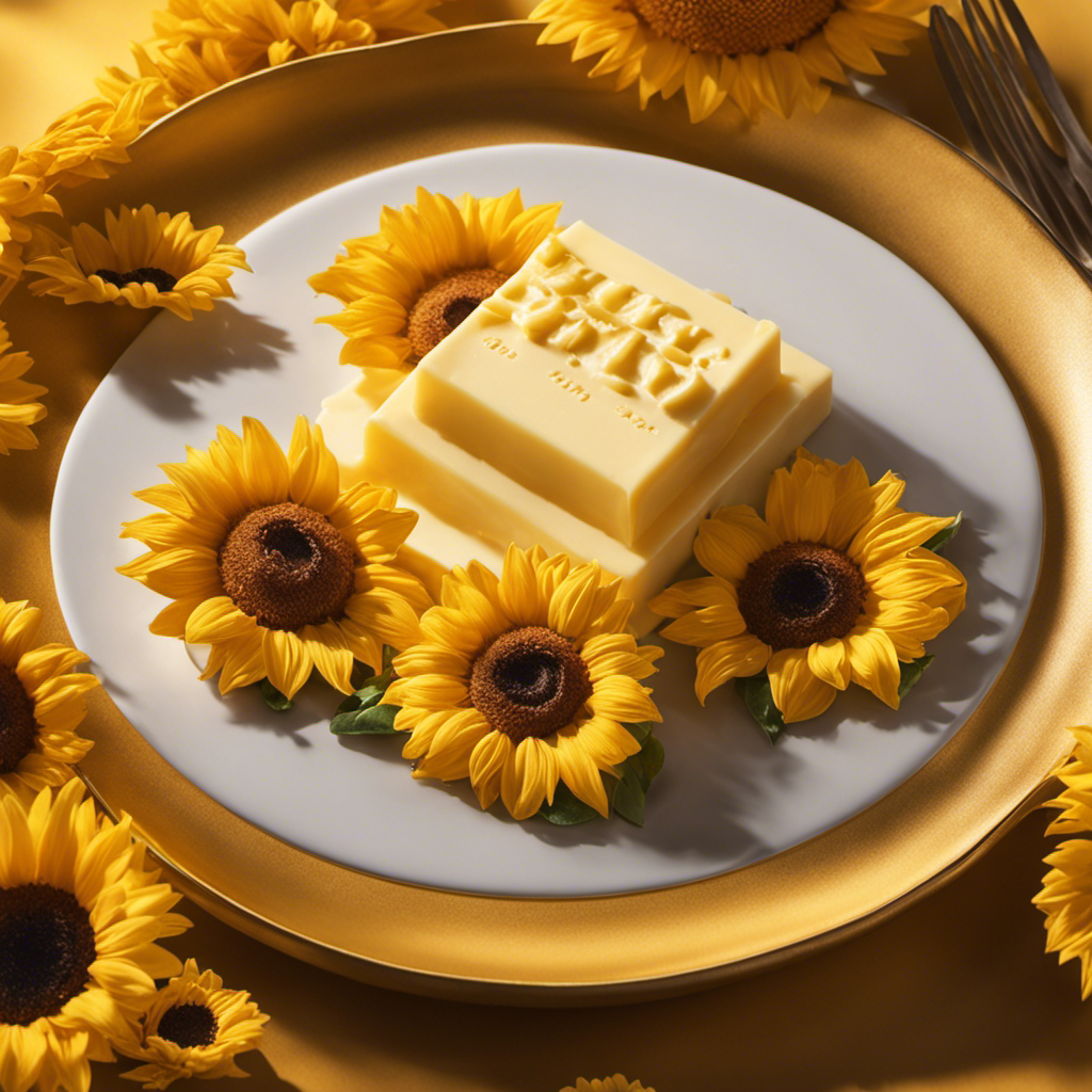 An image showcasing a golden, melting stick of butter, glistening under a warm ray of sunlight