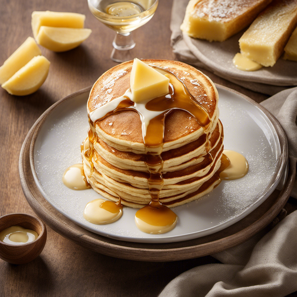 An image showcasing a golden, creamy swirl of Butter Blend melting atop a stack of fluffy pancakes