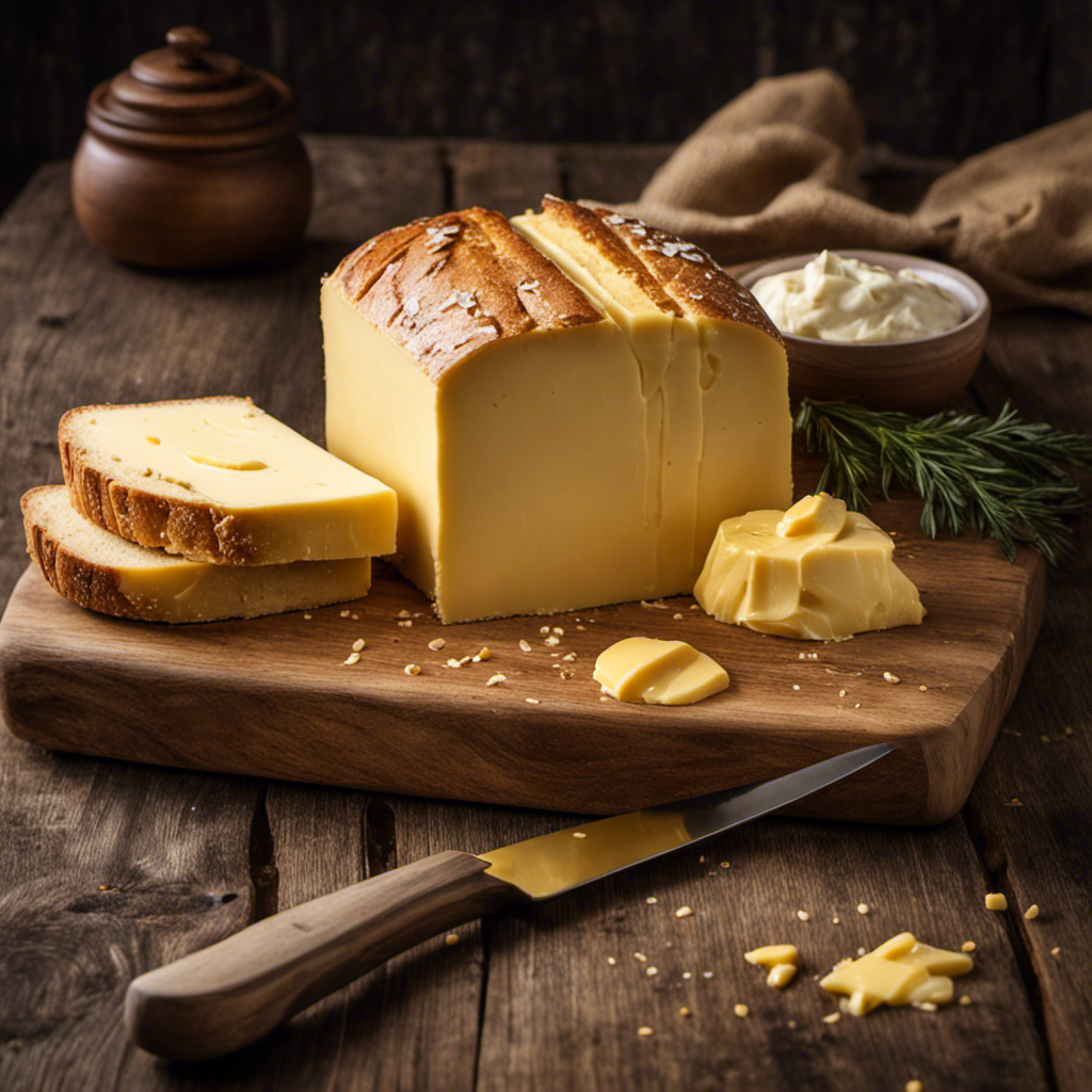 An image showcasing a smooth, creamy slab of golden butter board, adorned with delicate knife marks
