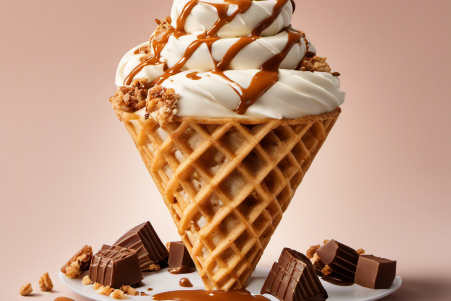 An image showcasing a creamy scoop of butter brickle ice cream nestled in a golden waffle cone, adorned with crunchy toffee bits and drizzled with a luscious caramel sauce