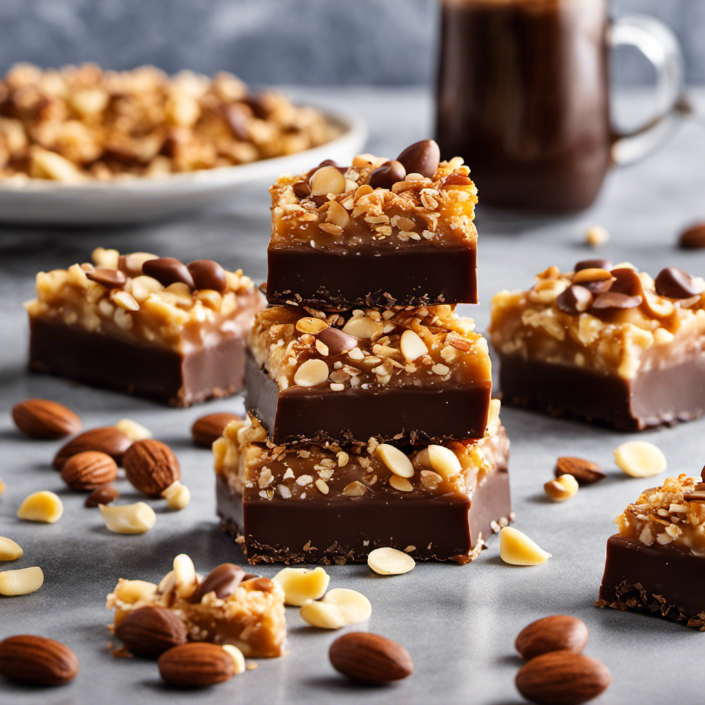 An image that showcases the irresistible allure of butter crunch candy: a golden, brittle toffee glistening in the sunlight, adorned with a generous layer of velvety smooth chocolate, and topped with a sprinkling of crushed almonds