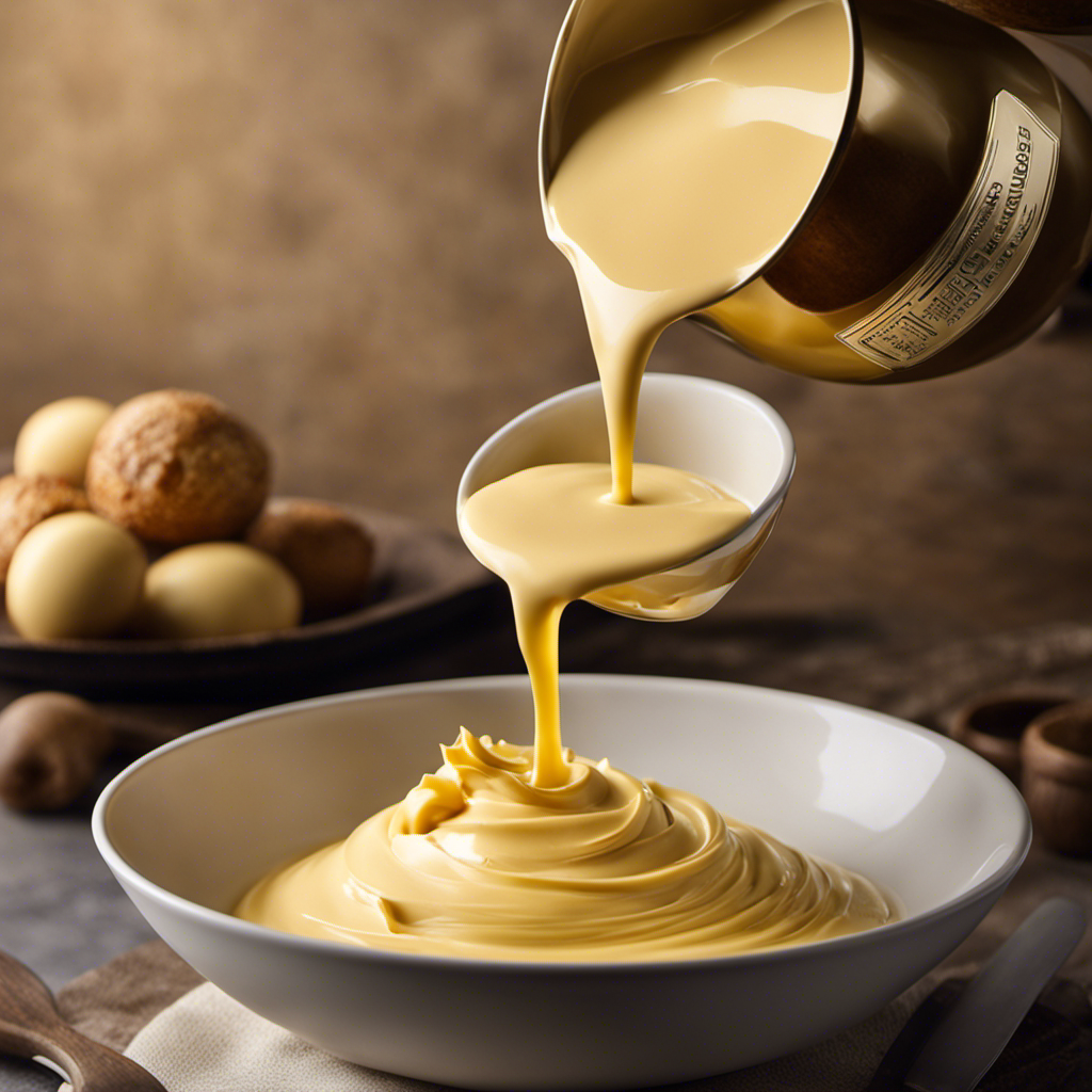 An image depicting a close-up view of a creamy, golden butter emulsion being slowly poured into a mixing bowl, capturing the smooth and velvety texture as it blends seamlessly with other ingredients
