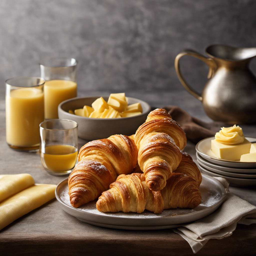 An image that showcases the essence of butter flavor: a golden-hued stick of butter, slowly melting over a stack of warm, flaky croissants, emanating a mouthwatering aroma that envelops the scene
