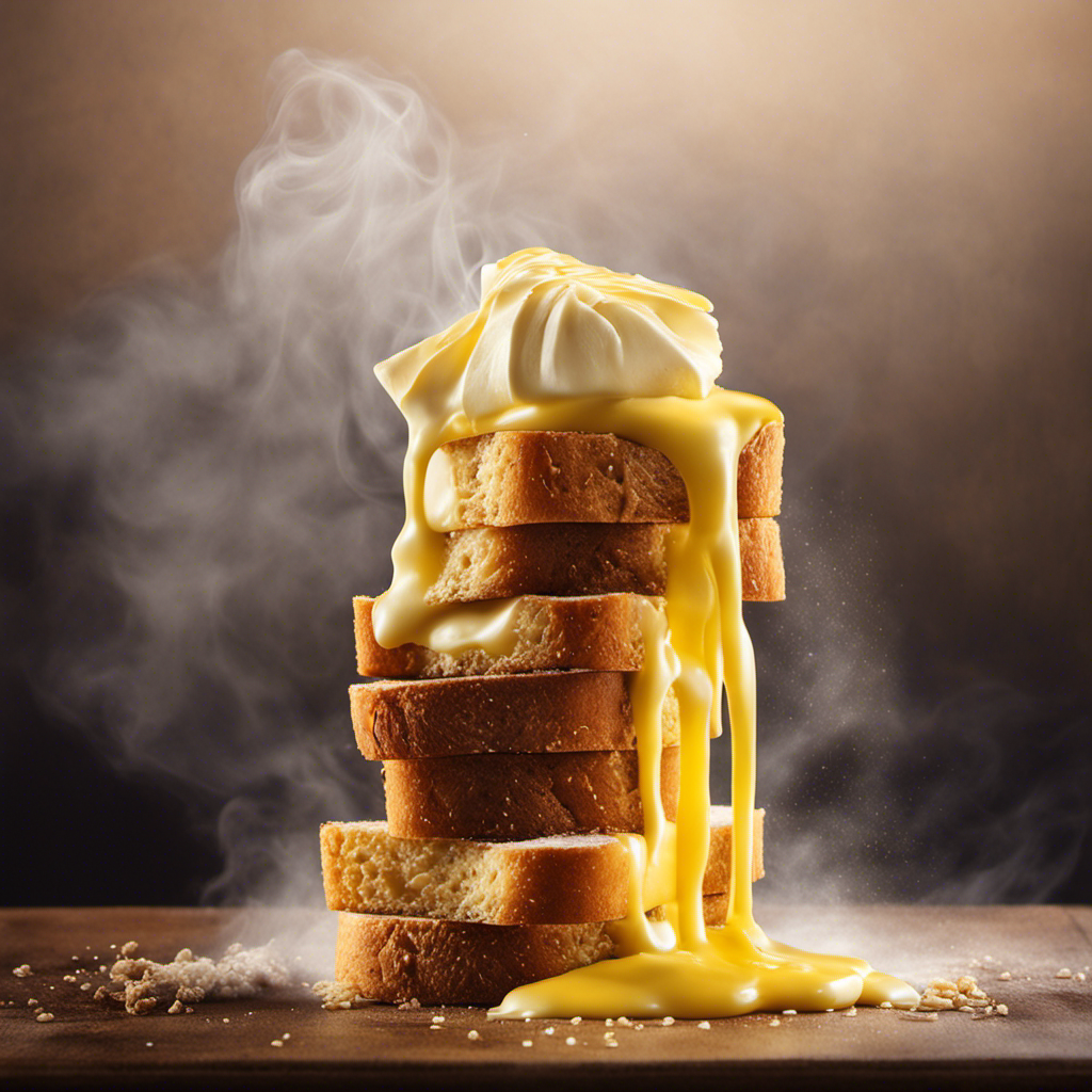 An image featuring a close-up shot of a golden, melting stick of butter, surrounded by a cloud of aromatic steam, as it gently drips onto a stack of freshly toasted bread slices, emitting a mouthwatering aroma