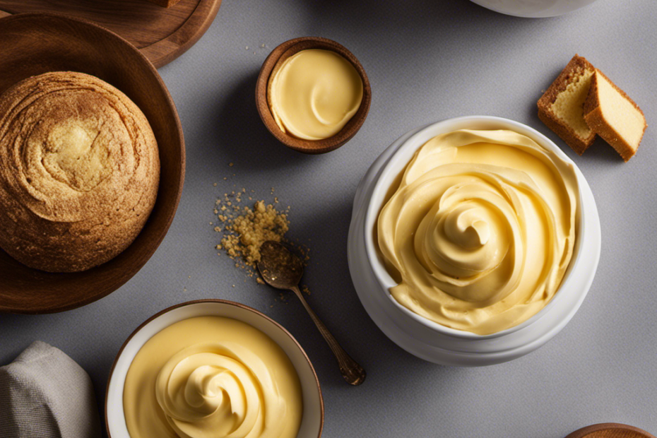 An image showcasing a golden-hued, creamy substance being whipped to perfection in a bowl, emitting a rich buttery aroma
