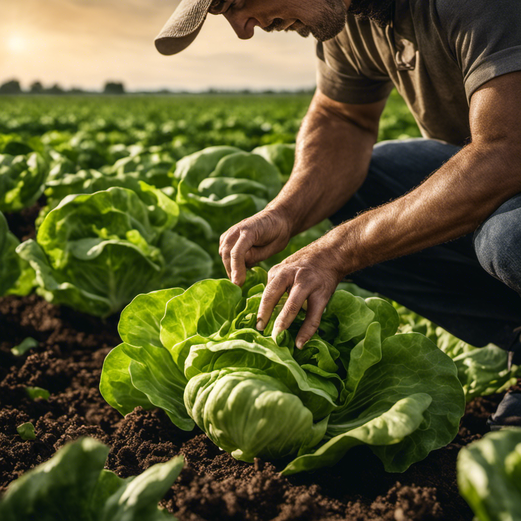 An image showcasing a pair of skilled hands delicately plucking a vibrant, fully grown head of butter lettuce from the soil, capturing the moment when the leaves are tender, yet crisp, signifying the perfect time for harvesting